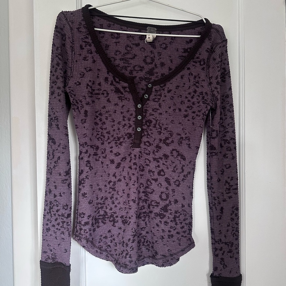Free People Plum Patterned Long Sleeve Henley Top